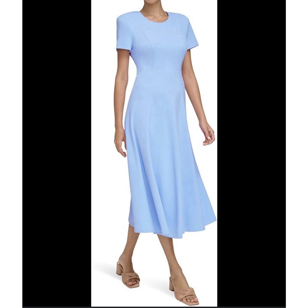 Calvin Klein Sheath Dress Sz 12 Serene Blue A-Line Midi Vertical Seams Swing SS